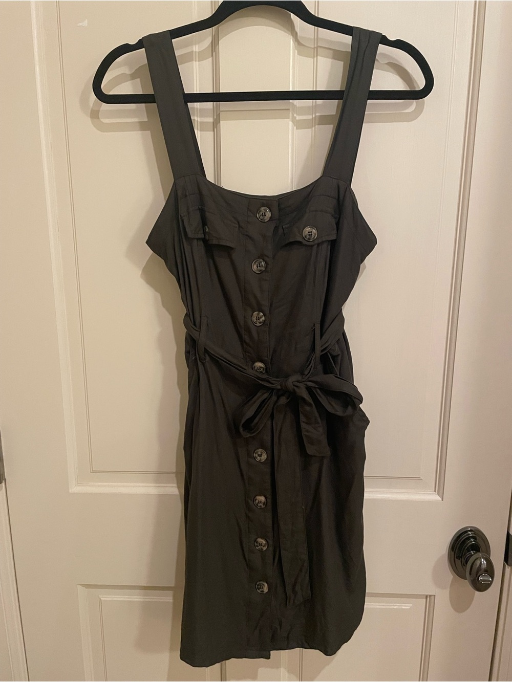 Japna Olive Green Button-Front Tie-Waist Mini Dress